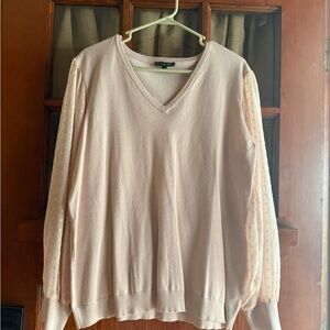 Adrianna Papell Pink V-Neck Sweater with Sheer Sleeves